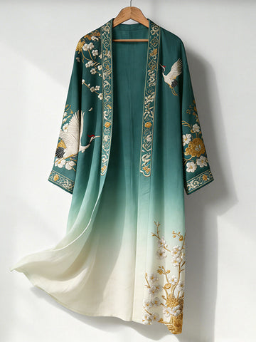 Women's Japanese Crane And Flower Art Print Flowy Long Kimono