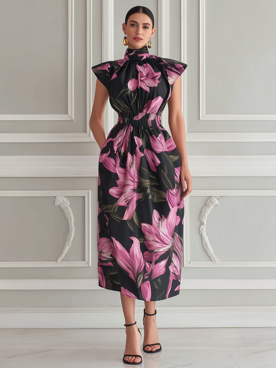 Modern Botanical High-Neck Midi Dress
