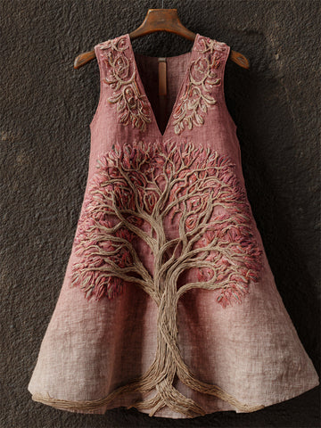 Vintage Pink Tree Of Life Embroidered Gradient Linen Tank Top