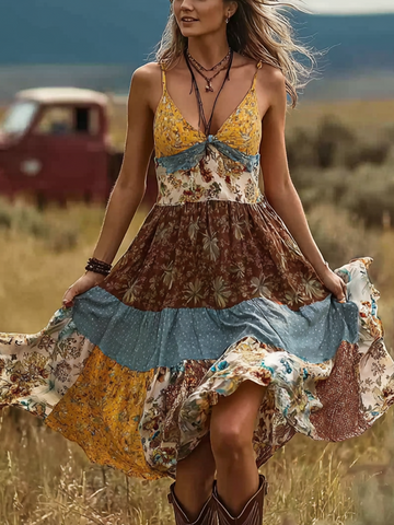 Retro Plant Flower Pattern Color Block Design Dress