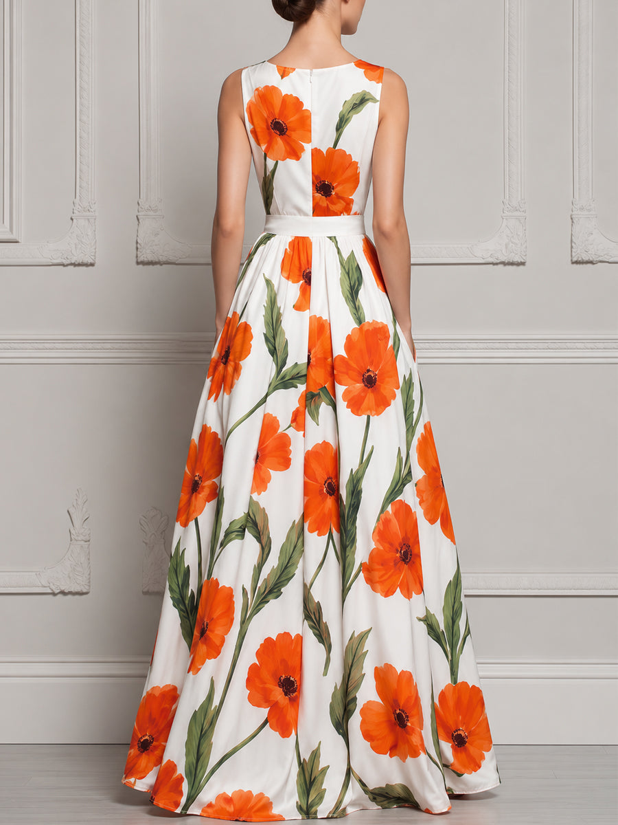Sleeveless V‐Neck Orange Poppy Floral Print Maxi Dress