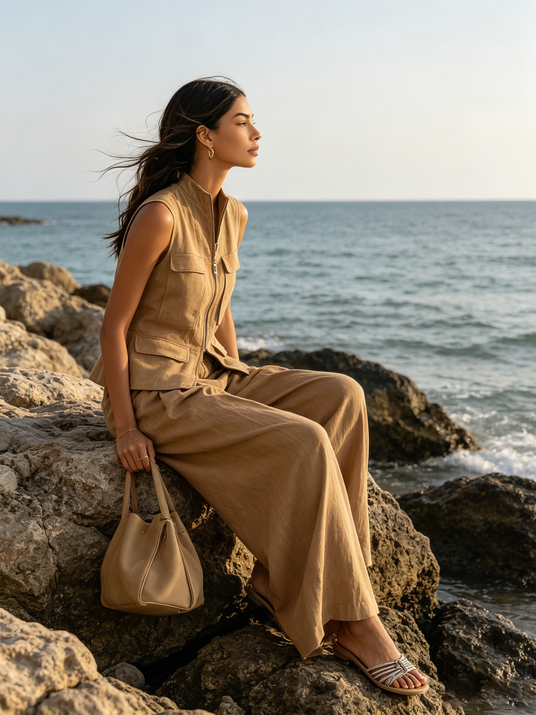 Khaki Cotton-Linen Blend Utility Vest & Wide-Leg Pleated Pants Two-Piece Set