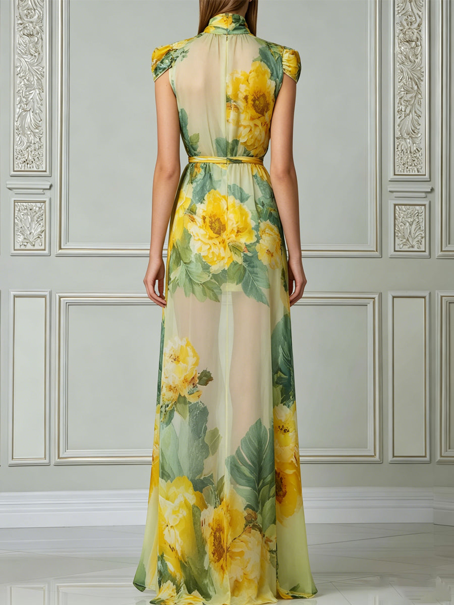 Elegant Yellow Floral Print Chiffon Maxi Dress