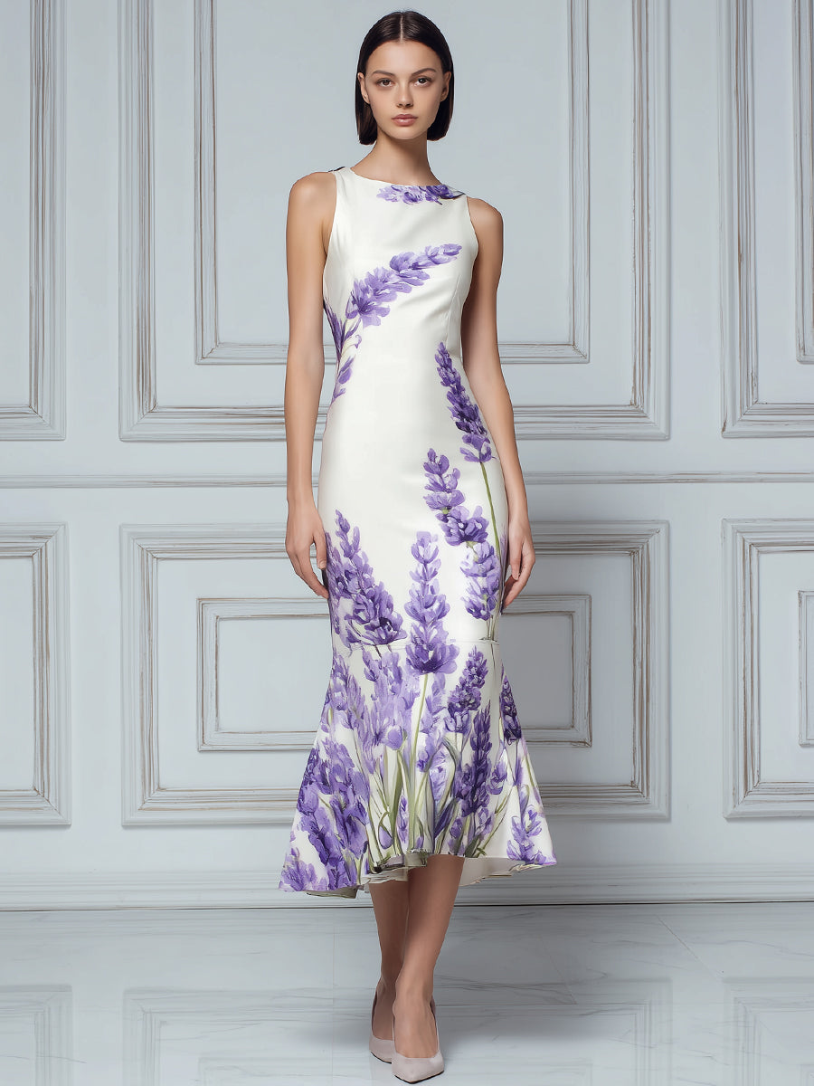 Sleeveless Round Neck Floral Print Fishtail Midi Dress