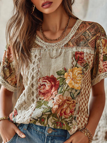 Vintage Oil Painting Style Floral 3d Jacquard Cotton Linen Crew Neck Short Sleeve