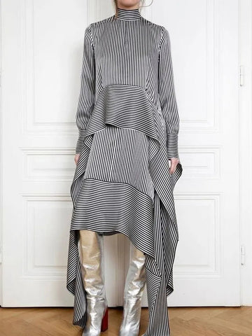 Women's Retro Stylish Irregular Striped Art Casual Long Sleeve Maxi Dress