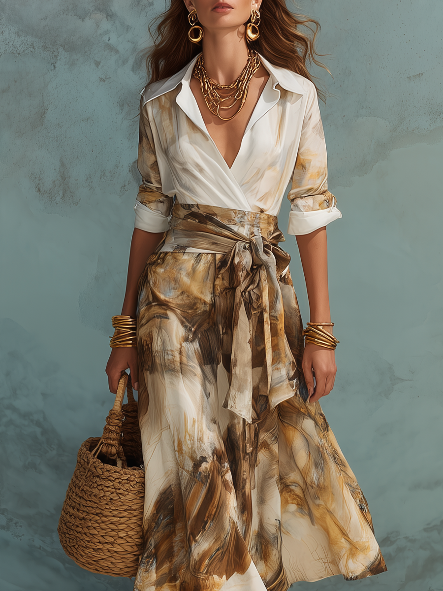 Gold And Brown Printed Shirt And Wrap Skirt Set