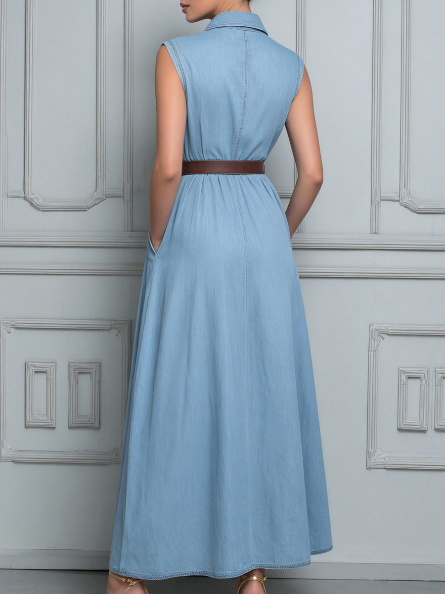 Sleeveless Collared Light‐Wash Denim Maxi Dress