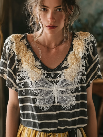 Butterfly Flower Embroidery Patchwork Striped Design Women's Summer Linen T-shirt