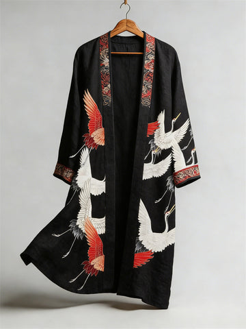 Japanese Cranes Art Flowy Long Linen Kimono