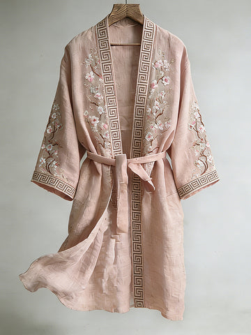 Retro Japanese Cherry Blossom Art Linen Blend Long Kimono