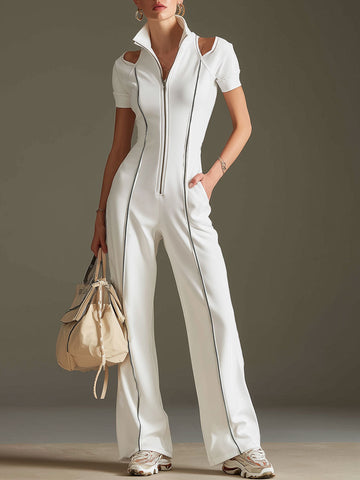 Sporty Retro Short-sleeved Openwork Ribbon White Cotton Blend Wide-leg Jumpsuit
