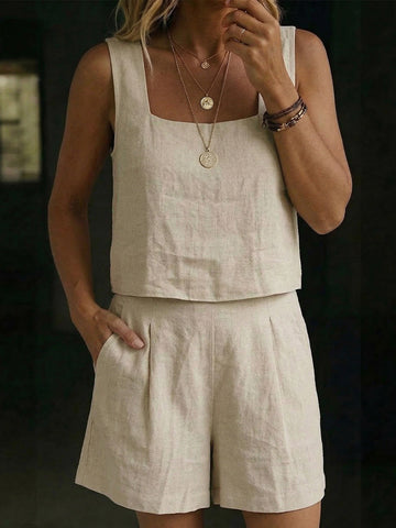 Women's Linen Sleeveless Top And Shorts Set