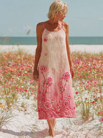 Stylish Pink Floral Embroidered Cozy Suspenders Maxi Dress