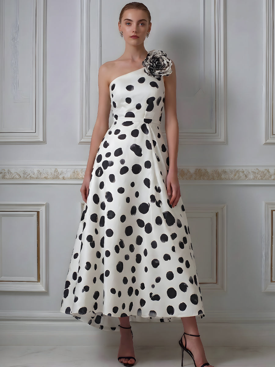 One-Shoulder Polka Dot Floral Accent Maxi Dress