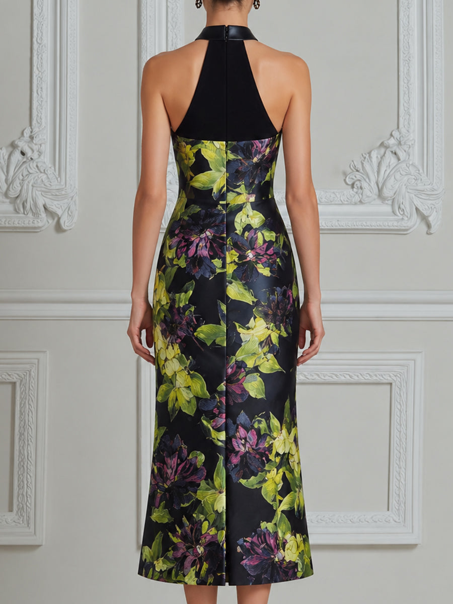 Halter Neck Contrast Floral Sheath Midi Dress