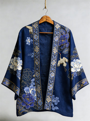 Japanese Elegant Cranes Floral Art Linen Kimono