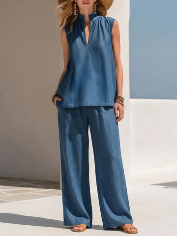 Women's V-neck Cotton And Linen Wide-leg Pants Set