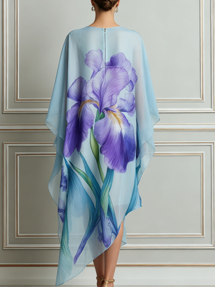 Sky‐Blue Iris Print Chiffon Cape‐Style Midi Dress