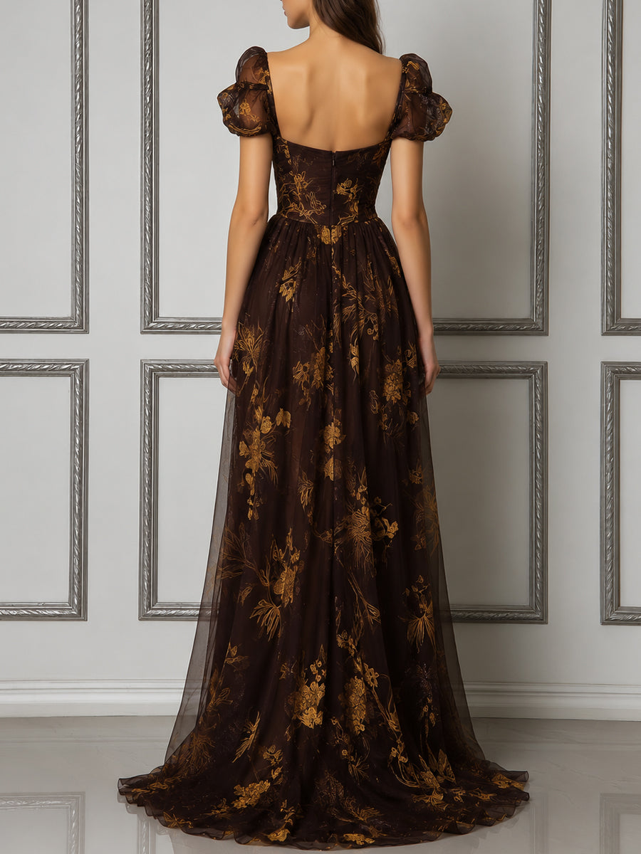 Sweetheart Neck Golden Floral Print Maxi Dress