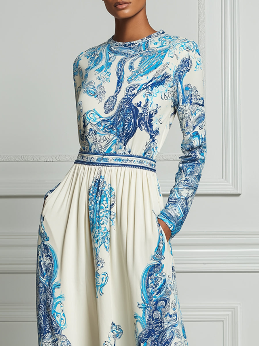 Ivory Blue Baroque Porcelain‐Inspired Print Maxi Dress