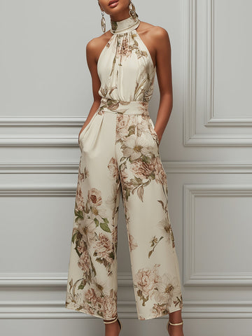 Elegant Sleeveless Floral Satin Wide-leg Jumpsuit
