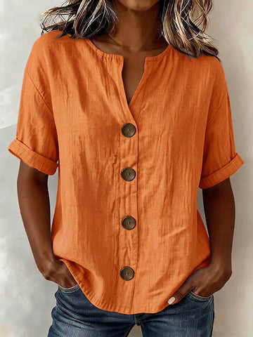 Women's Solid-color V-neck Short-sleeve Casual Loose Cotton-linen Cardigan