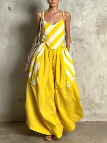Yellow & White Striped Cami Top & Wide Leg Pants Set