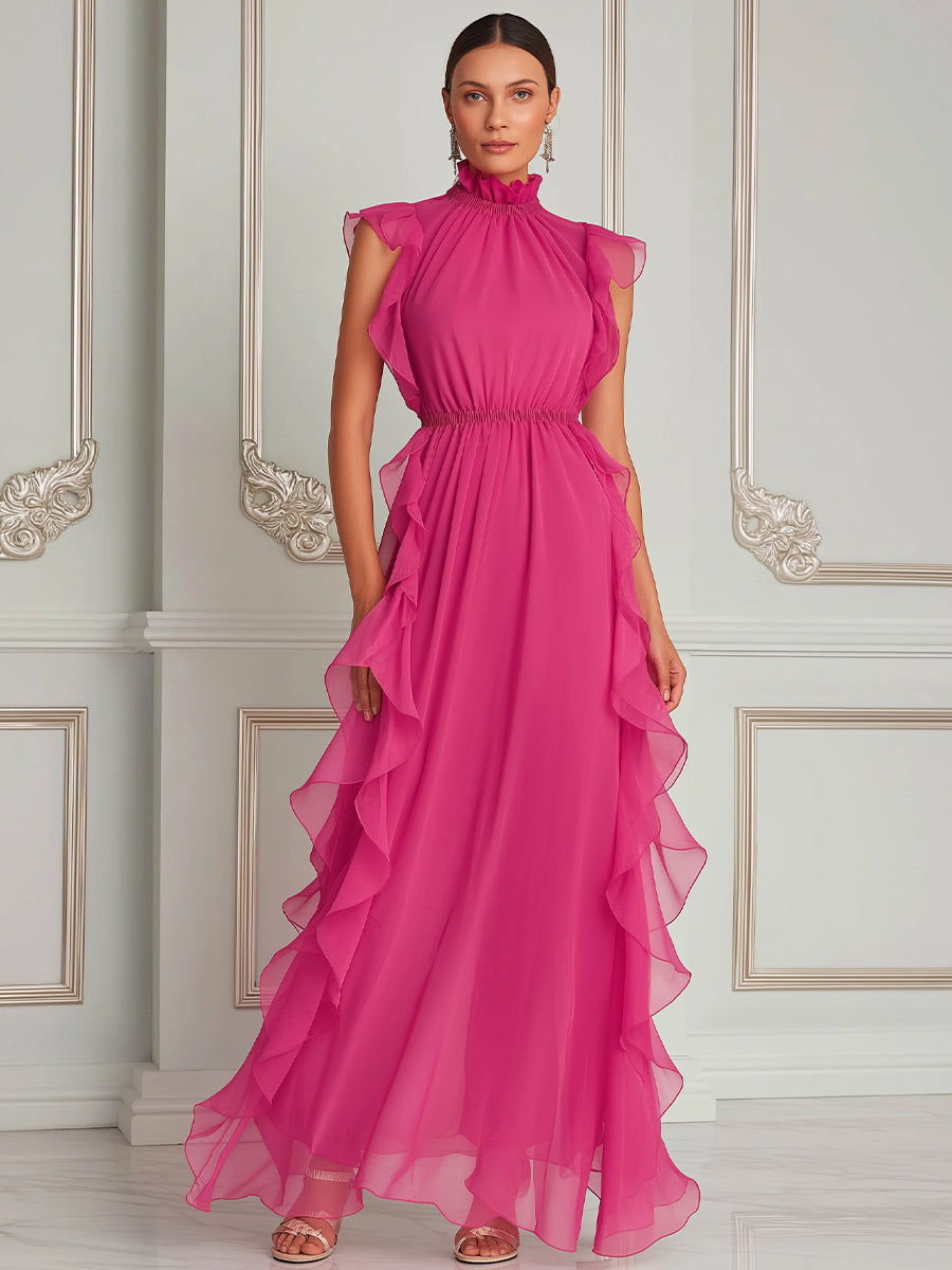 Elegant Ruffle Trim Chiffon Maxi Dress