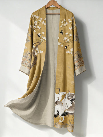 Women's Japanese Floral And Crane Art Pattern Linen Long Kimono