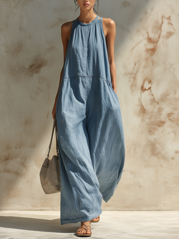 Light Blue Tencel Denim Wide-Leg Jumpsuit