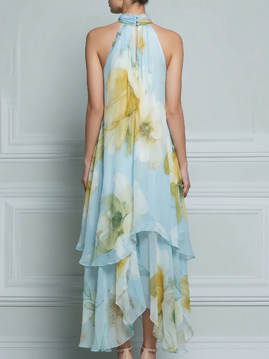 Halter Neck Layered Floral High-Low Maxi Dress