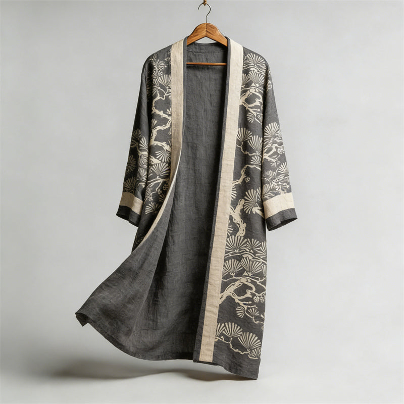 Japanese Pine Trees Lino Pattern Flowy Linen Long Kimono