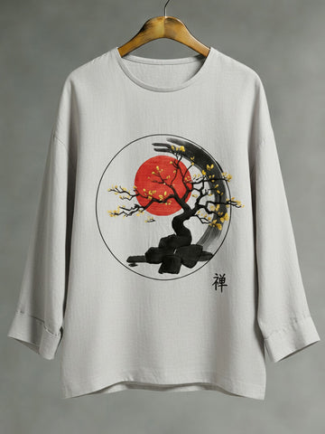 Japanese Art Print Casual Linen Blend Shirt