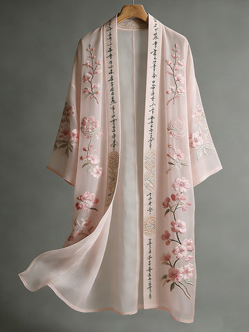 Japanese-style Cherry Blossom And Calligraphy Art Embroidered Flowing Cotton-linen Kimono