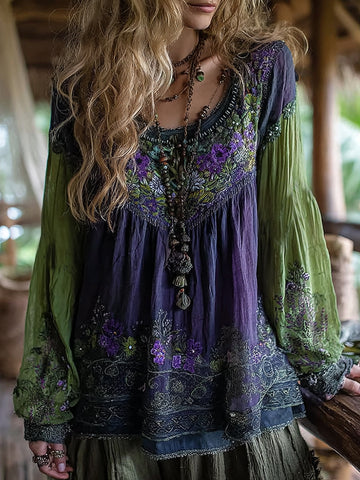 Women's Vacation Boho Tribal Ethnic Print Round-neck Linen Blend Tops