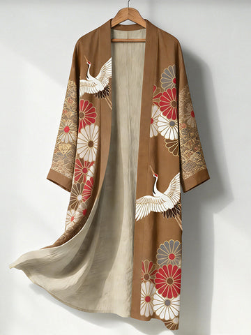 Women's Vintage Japanese Crane Flower Art Pattern Linen Long Kimono