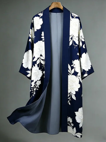 Japanese Romantic Night-blooming Cereus Art Linen Long Kimono