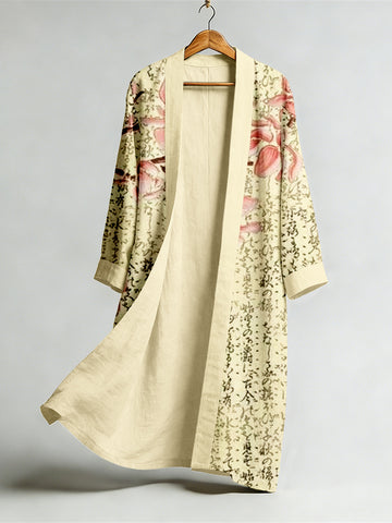 Vintage Floral Calligraphy Art Flowy Linen Long Kimono