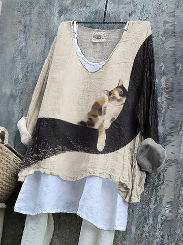 Women's Cute Cat With Abstract Ink Lines Art V-neck Linen Blend T-shirt