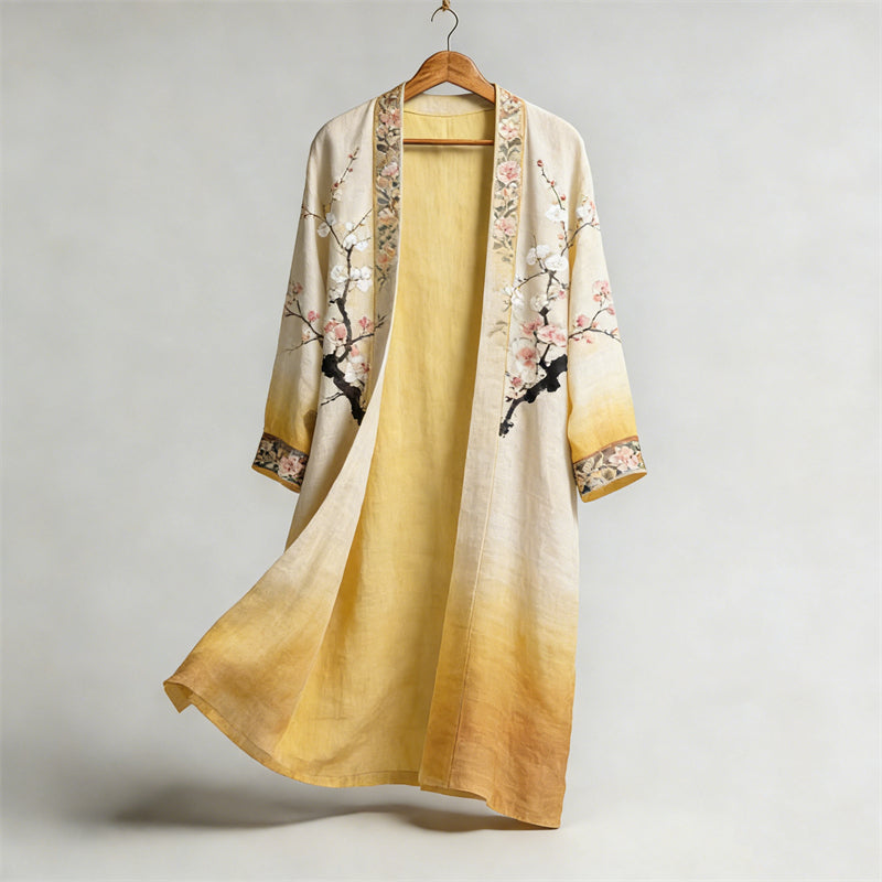 Japanese Cherry Blossom Boho Gradient Flowy Long Linen Kimono
