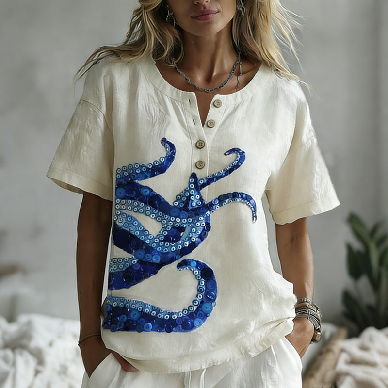 Retro Ocean Octopus With Buttons L Pattern Linen V-neck Shirt