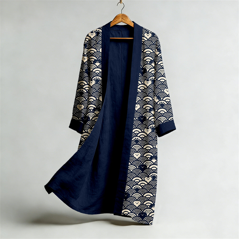 Vintage Japanese Cat Seigaiha Art Flowy Linen Long Kimono