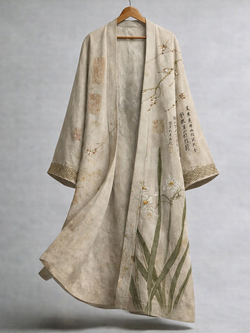 Women's Calligraphy And Floral Art Linen Long Kimono