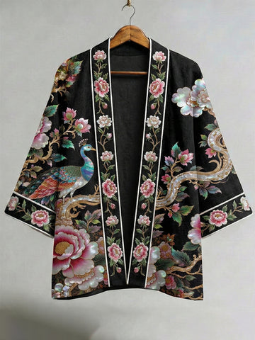 Japanese Peacock And Floral Motif Art Linen Kimono