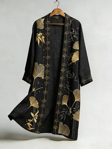 Women's Long Japanese Kimono With Ginkgo Leaf And Bamboo Art Pattern