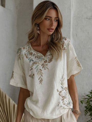 Women's Retro Floral Branch Art Print Linen Blend V-neck T-shirt