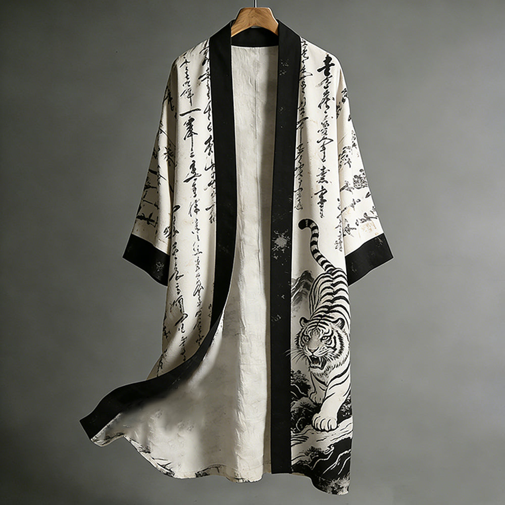 Retro Japanese Mountain Tiger Art Black And White Contrast Linen Long Kimono