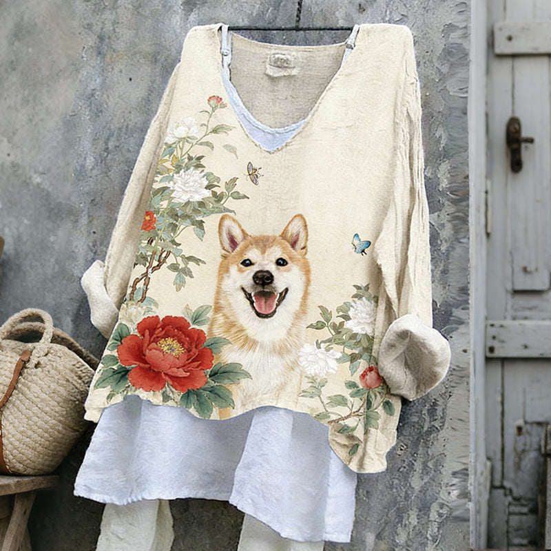 Women's Cute Shiba Inu With Floral Ink Art V-neck Linen Blend T-shirt