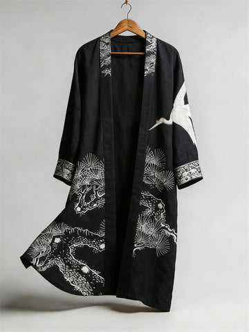 Japanese Crane & Pine Trees Art Flowy Long Linen Kimono